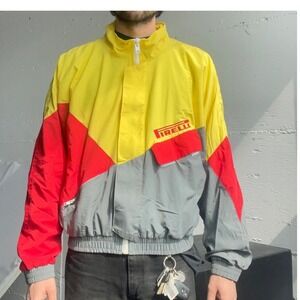 Pirelli‎ Windbreaker Jacket Mens XL Yellow Red Gray Vintage Made USA Colorblock